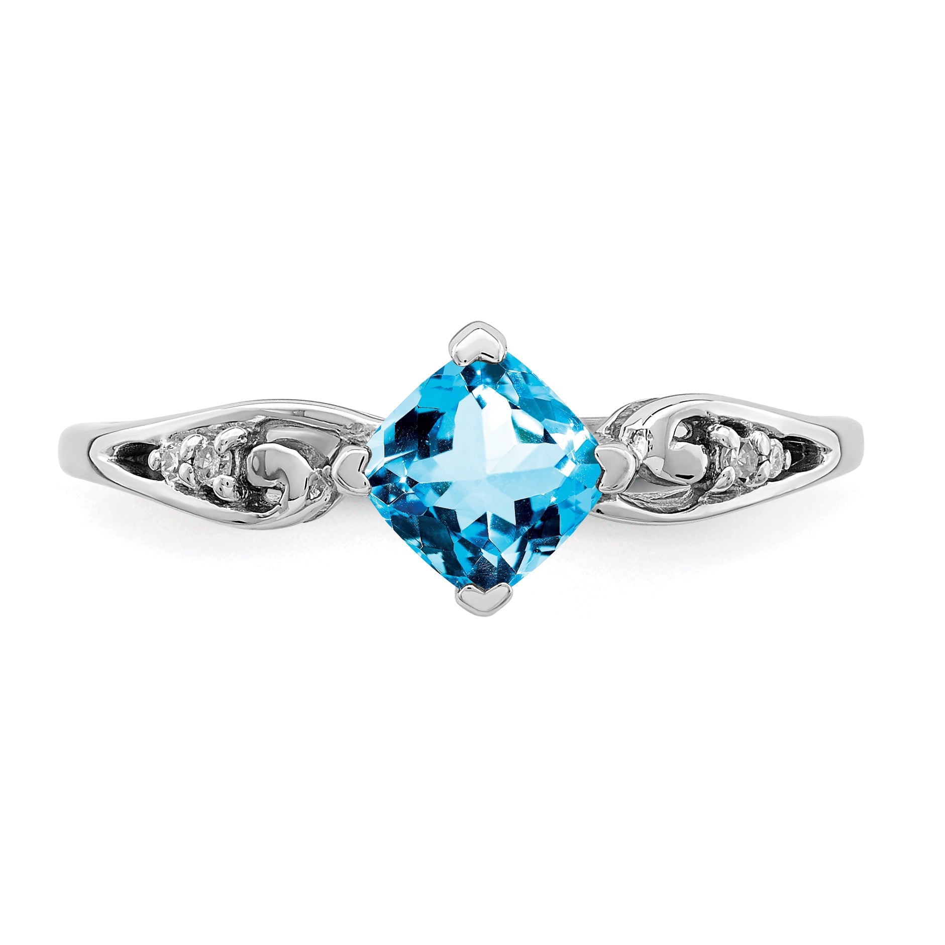 Sterling Silver Rhodium Plated Diamond And Sky Blue Topaz Cushion Ring