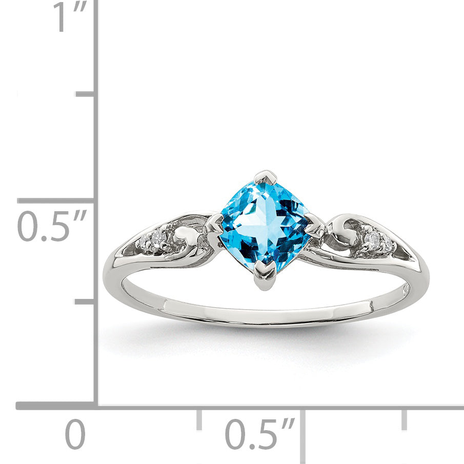 Sterling Silver Rhodium Plated Diamond And Sky Blue Topaz Cushion Ring