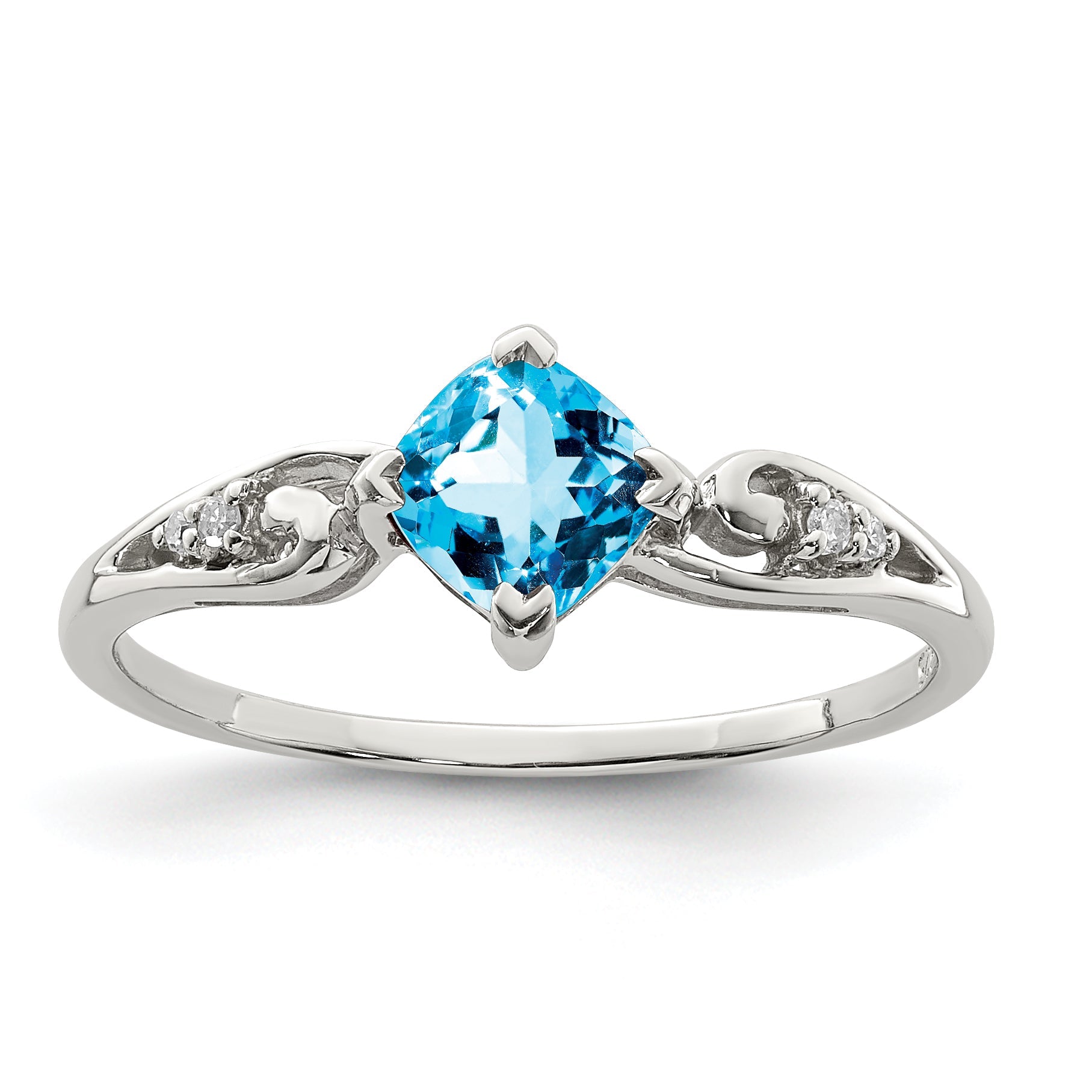 Sterling Silver Rhodium Plated Diamond And Sky Blue Topaz Cushion Ring