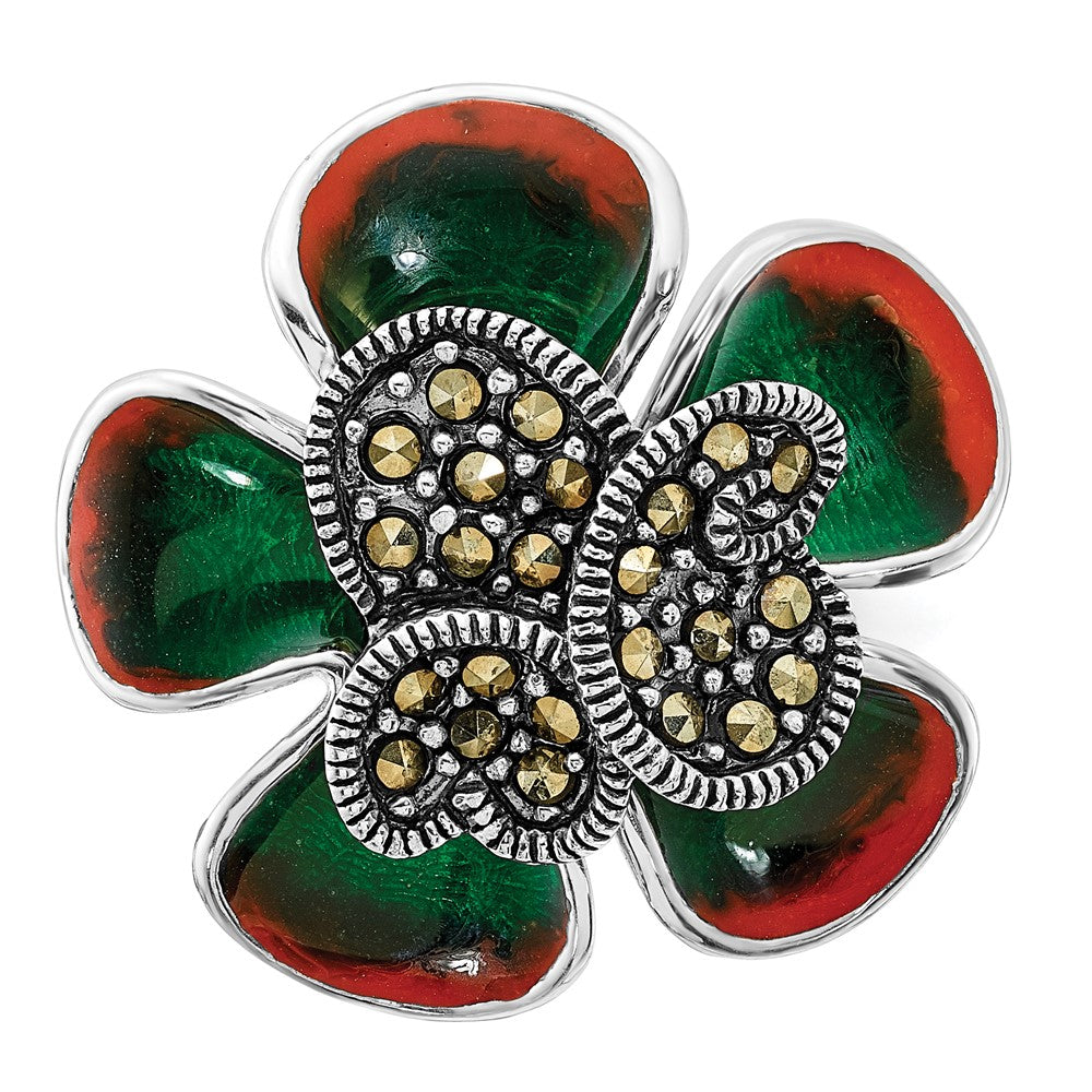 Sterling Silver Polished & Antiqued Marcasite Enamel Flower Ring