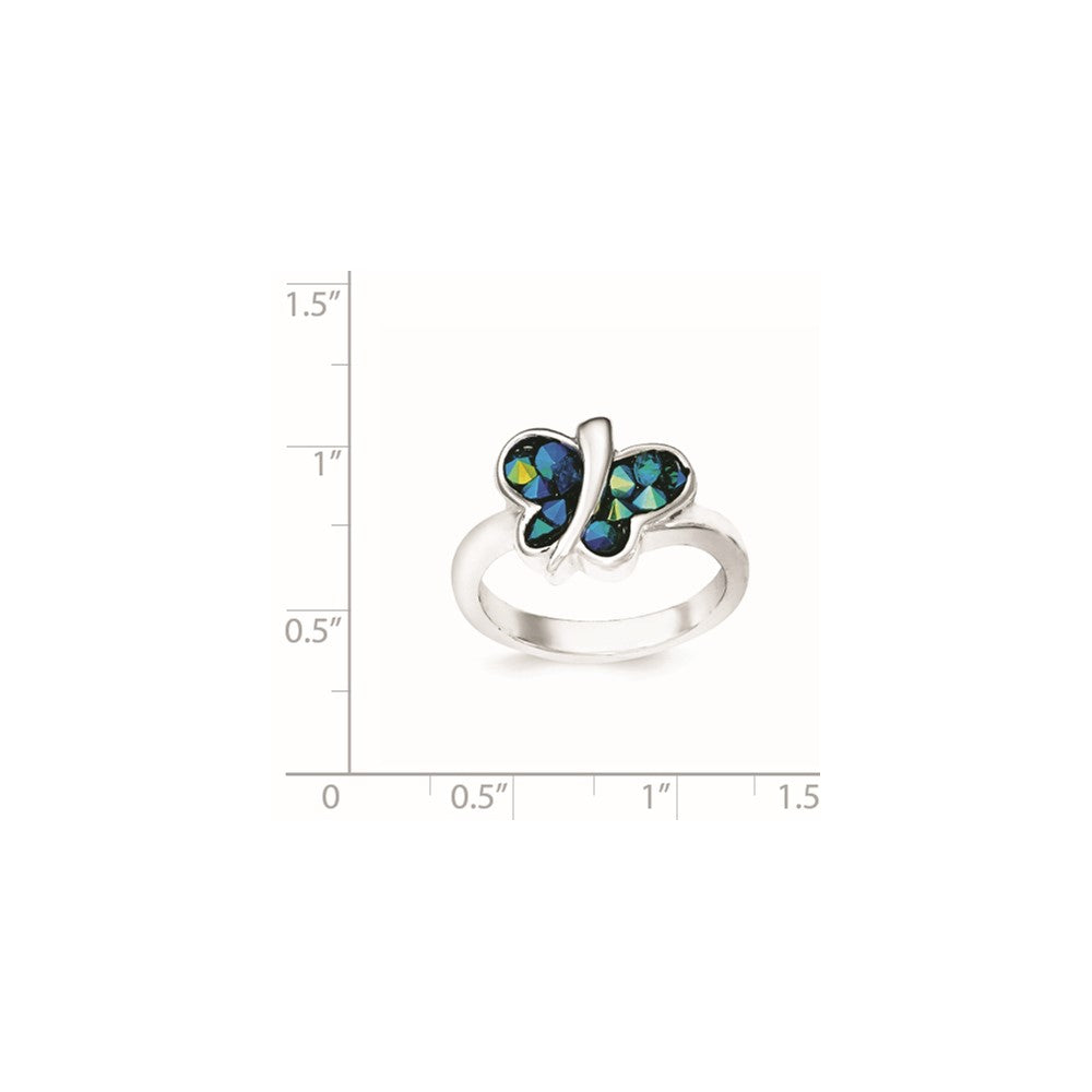 Sterling Silver Rhodium Plated Blue Crystal Butterfly Ring