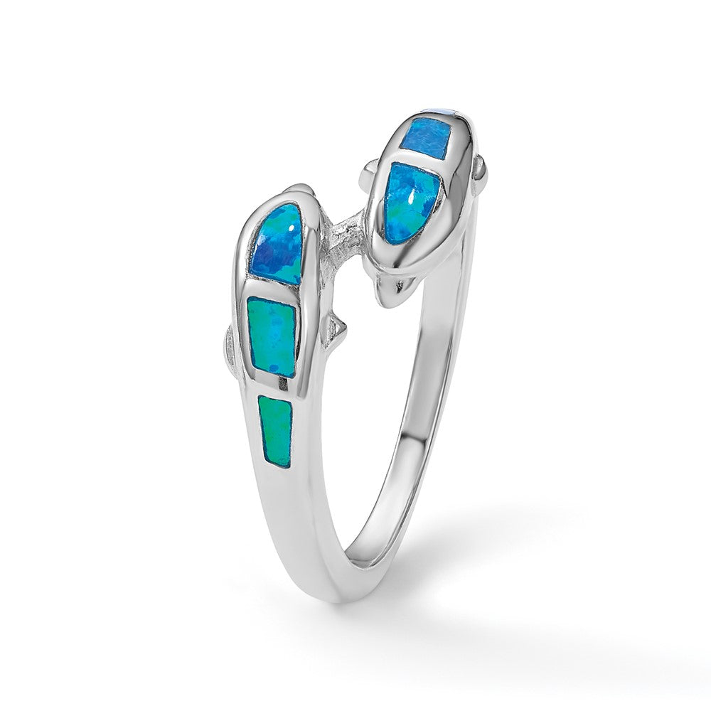 Sterling Silver Rhodium Plated Created Blue Opal Dolphins Ring