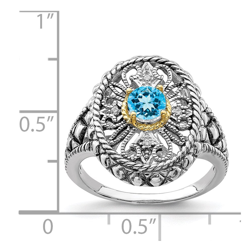 Silver/14K Two Tone Sterling Silver Rhodium 14K Accent Blue Topaz & Cz Oval Fancy Ring (Size 7 Only)