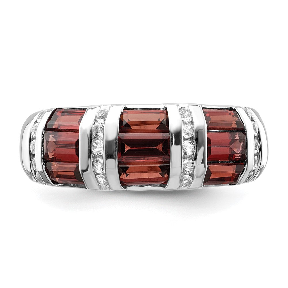 Sterling Silver Rhodium Plated Baguette Garnet & White Topaz Ring (Size 6 Only)