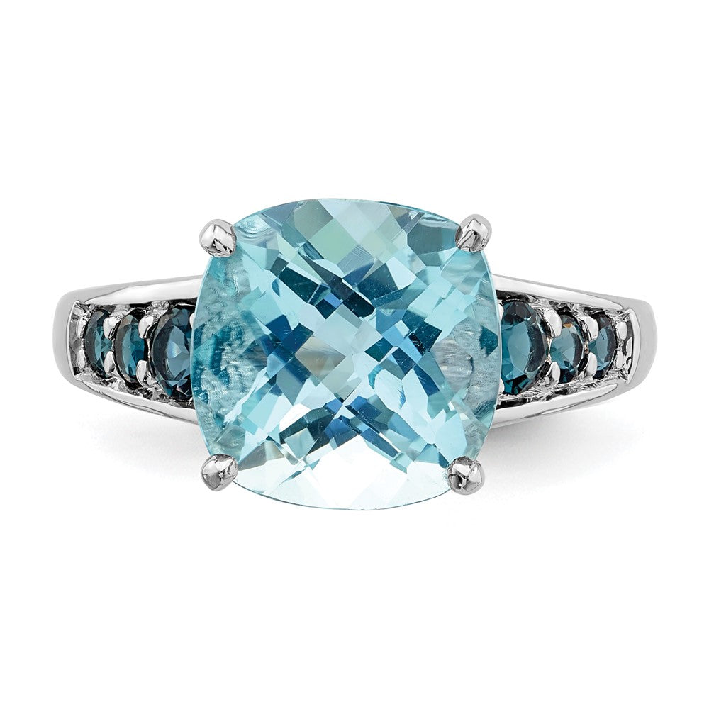 Sterling Silver Rhodium Plated Sky Blue Cushion & London Topaz Ring (Size 6 Only)