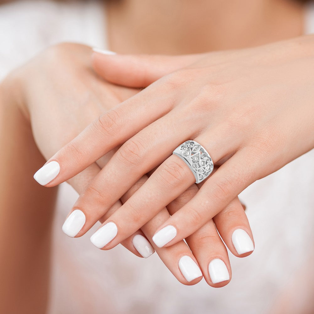 Sterling Silver Rhodium Plated Multi Shaped Cz Ring