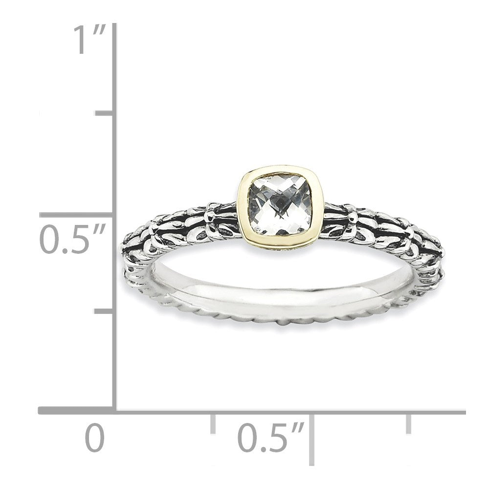 14K/Silver Two Tone Sterling Silver & 14K Stackable Expressions Checker Cut White Topaz Ring (Size 9 Only)