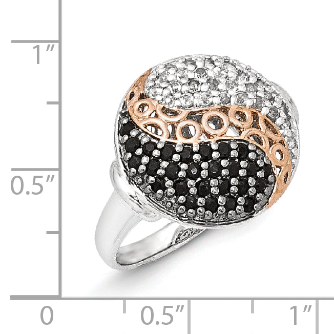 Sterling Silver & Rose Gold Plated Blk Rhodium White Topaz Onyx Ring (Size 8 Only)
