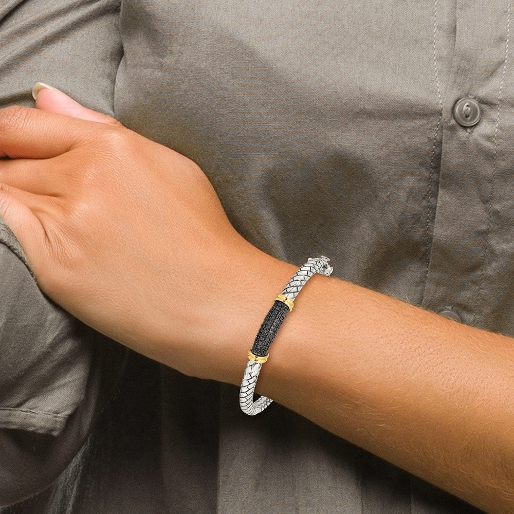 14K/Silver Two Tone Shey Couture Sterling Silver With 14K Accent Antiqued Black Diamond Hinged Bangle Bracelet