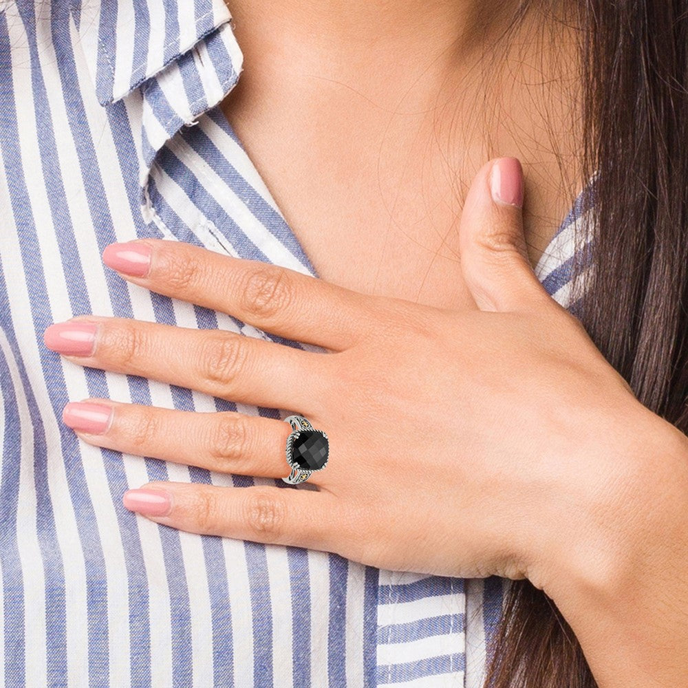 14K/Silver Two Tone Shey Couture Sterling Silver With 14K Accent Antiqued Checkerboard Cut Black Onyx Ring