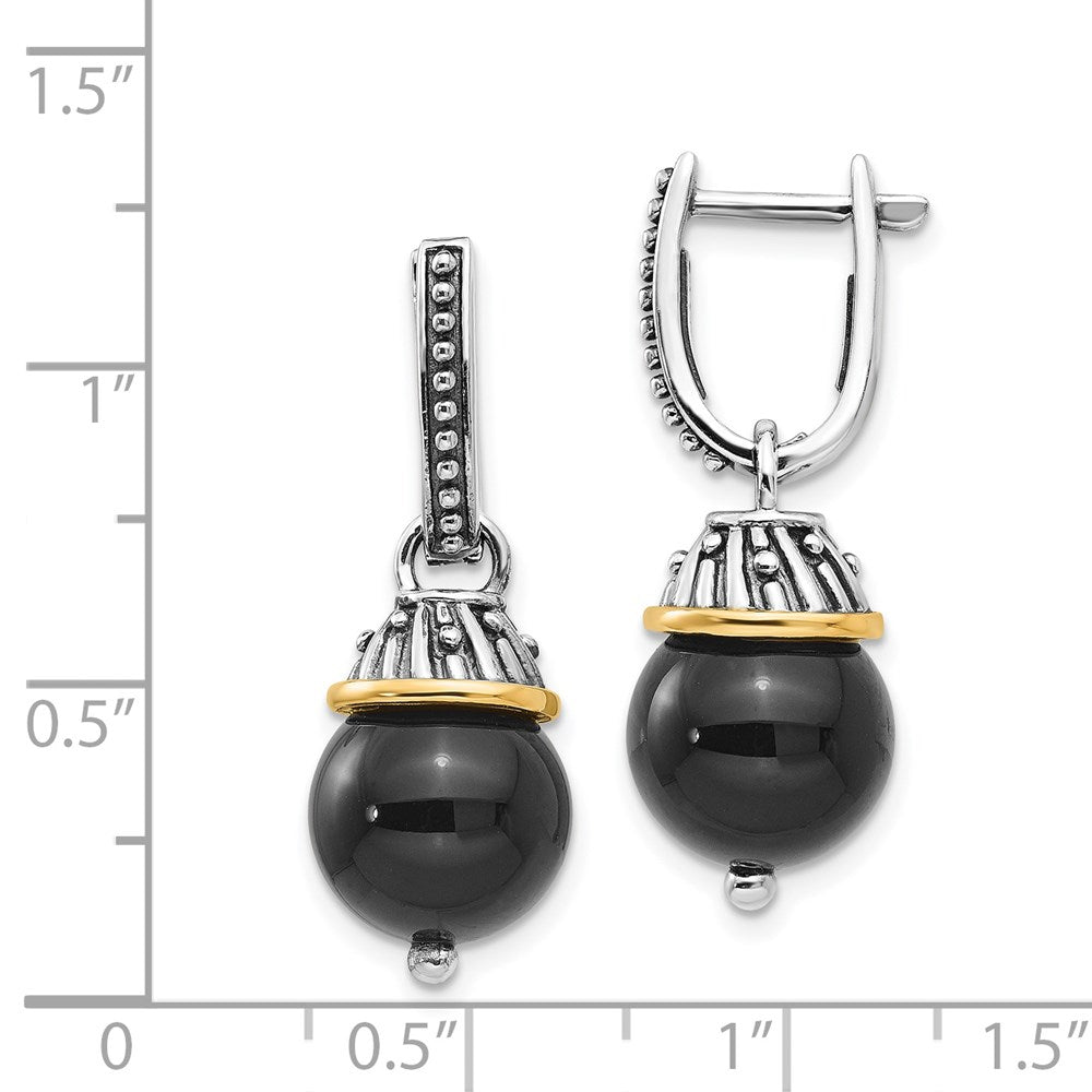 14K/Silver Two Tone Shey Couture Sterling Silver With 14K Accent Antiqued Black Onyx Hinged Hoop Dangle Earrings