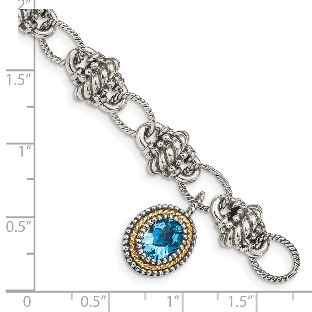 14K/Silver Two Tone Shey Couture Sterling Silver With 14K Accent 7.5 Inch Antiqued Oval Light Swiss Blue Topaz Bracelet