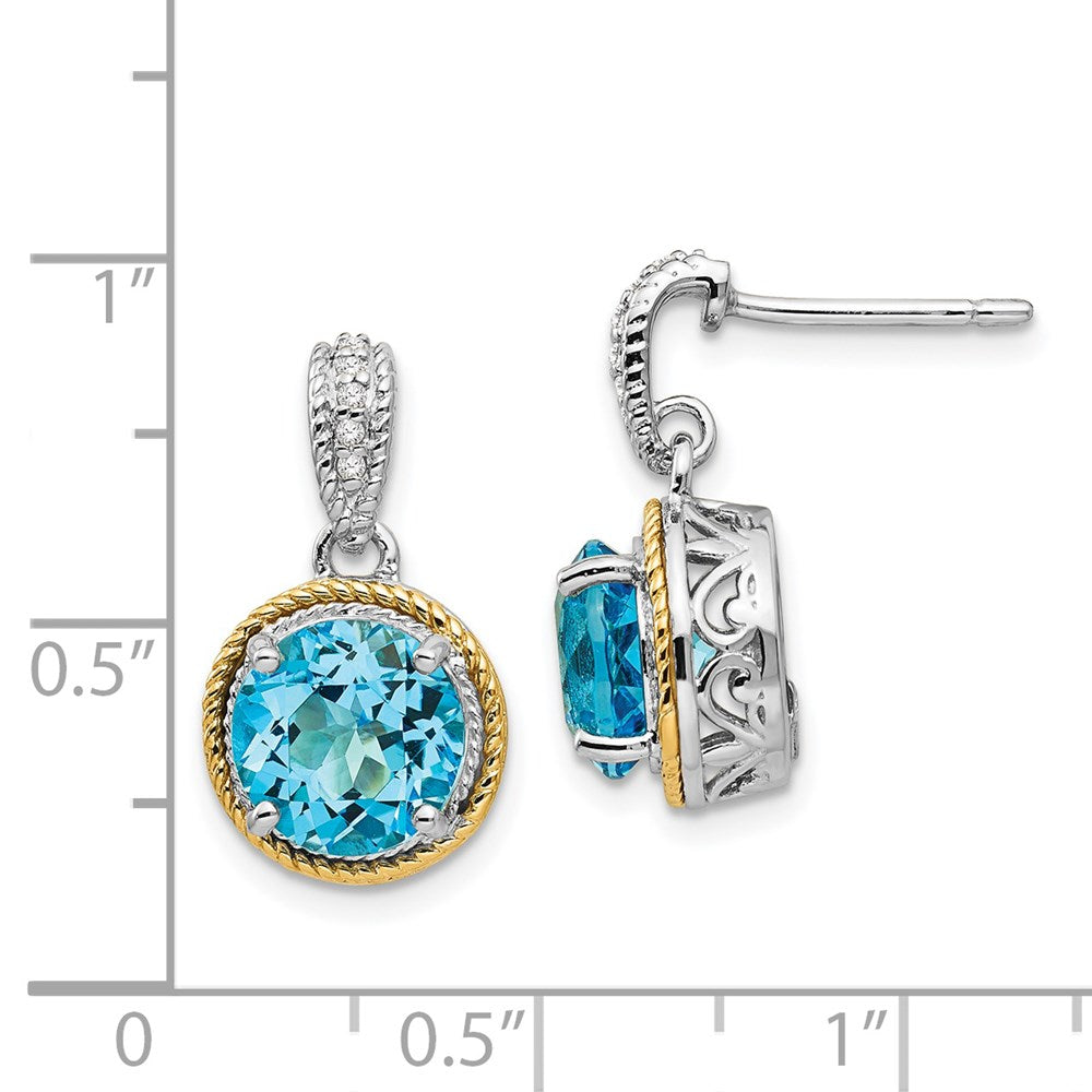 14K/Silver Two Tone Shey Couture Sterling Silver With 14K Accent Antiqued Round Blue Topaz Diamond Post Dangle Earrings