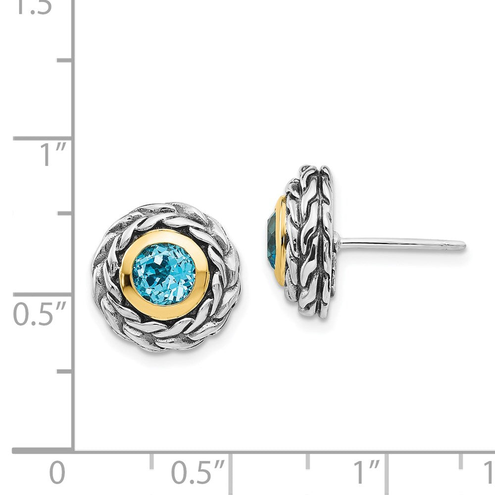 14K/Silver Two Tone Shey Couture Sterling Silver With 14K Accent Antiqued Round Bezel Light Swiss Blue Topaz Post Earrings