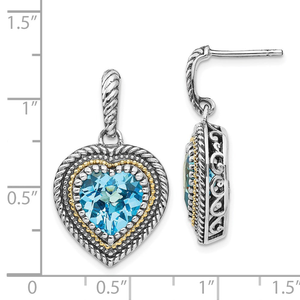 14K/Silver Two Tone Shey Couture Sterling Silver With 14K Accent Antiqued Light Swiss Blue Topaz Heart Dangle Post Earrings