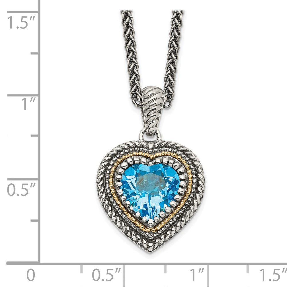 14K/Silver Two Tone Shey Couture Sterling Silver With 14K Accent 18 Inch Antiqued Light Swiss Blue Topaz Heart Necklace