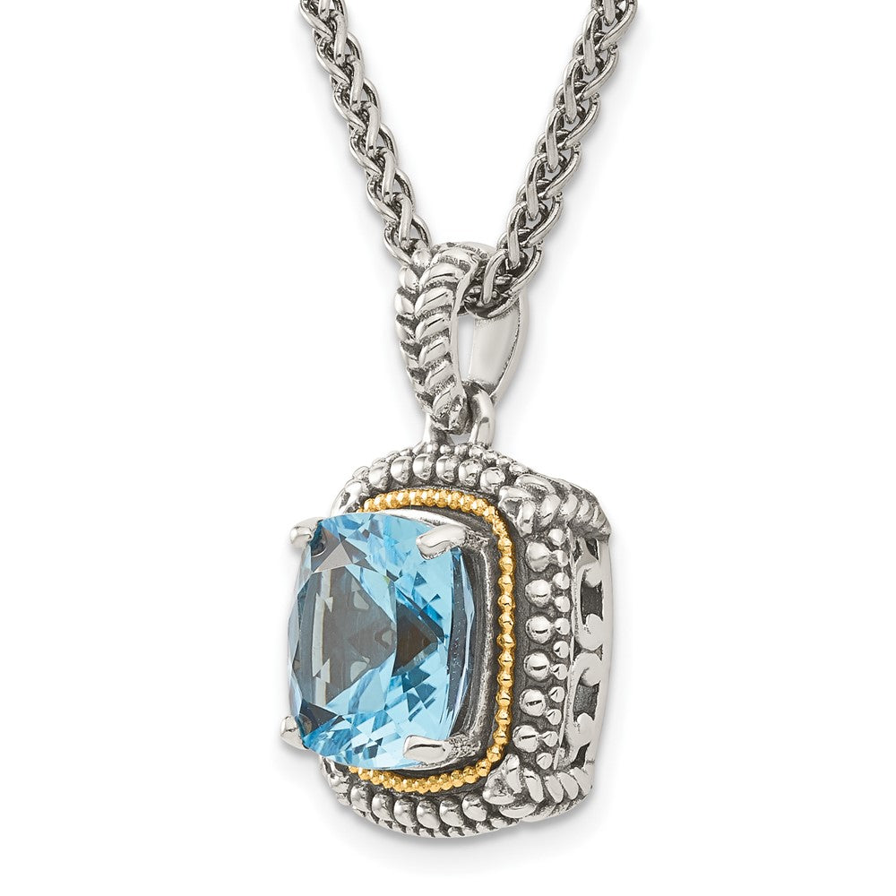 14K/Silver Two Tone Shey Couture Sterling Silver With 14K Accent 18 Inch Antiqued Cushion Light Swiss Blue Topaz Necklace