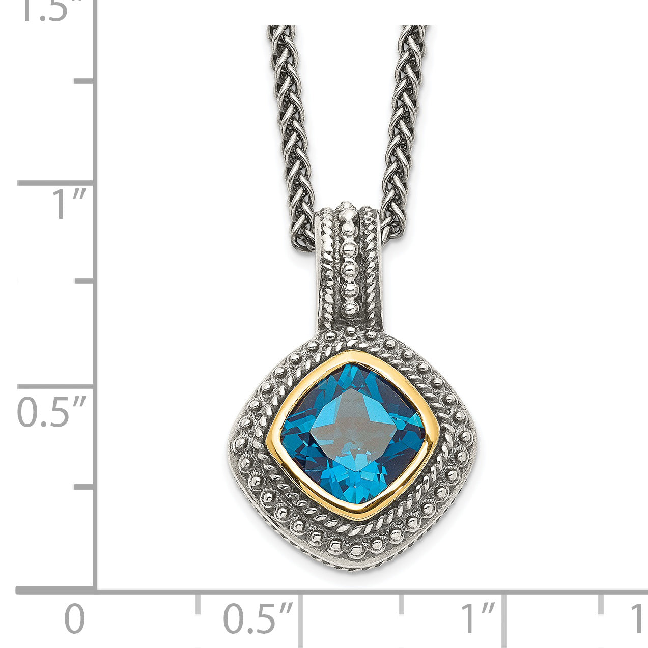 14K/Silver Two Tone Shey Couture Sterling Silver With 14K Accent 18 Inch Antiqued Cushion Bezel London Blue Topaz Necklace