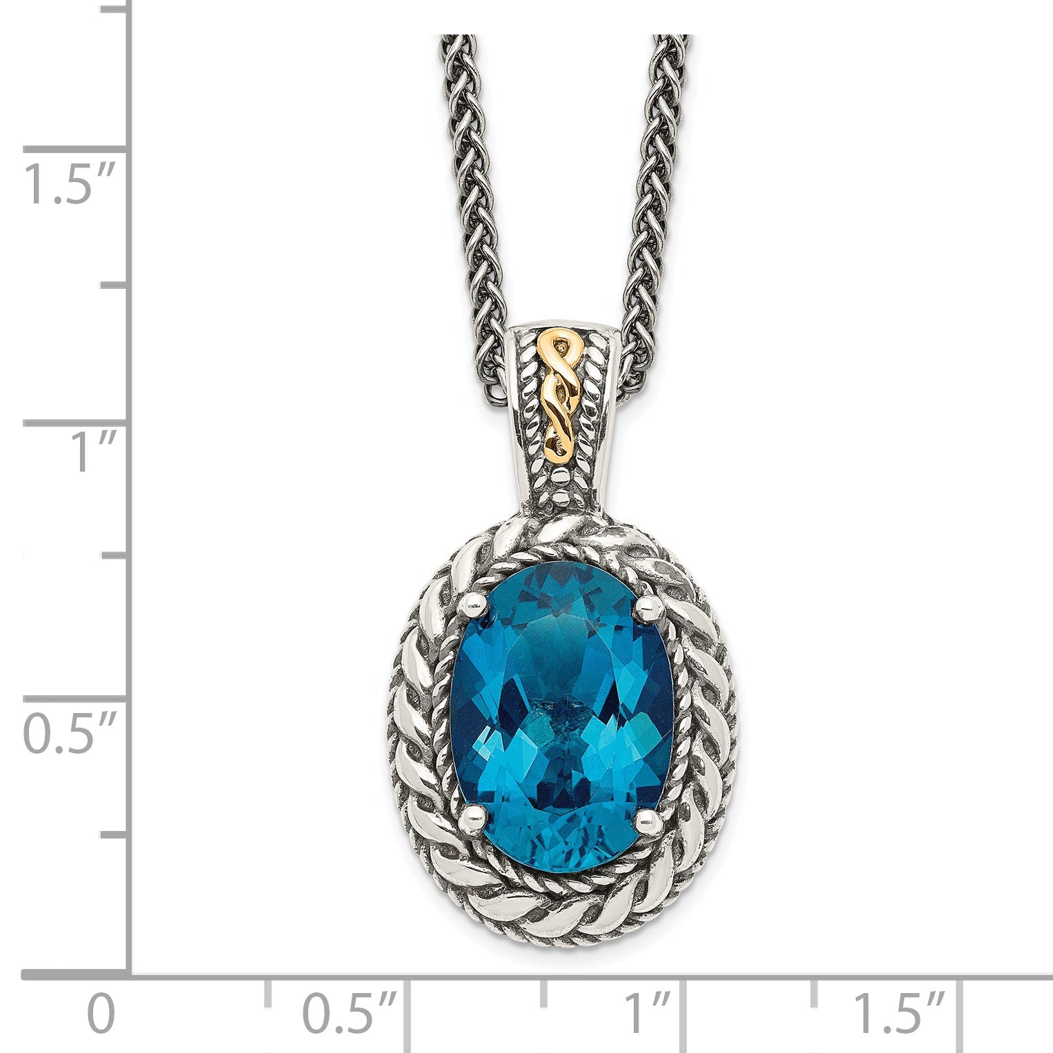14K/Silver Two Tone Shey Couture Sterling Silver With 14K Accent 18 Inch Antiqued Oval London Blue Topaz Hinged Bail Necklace