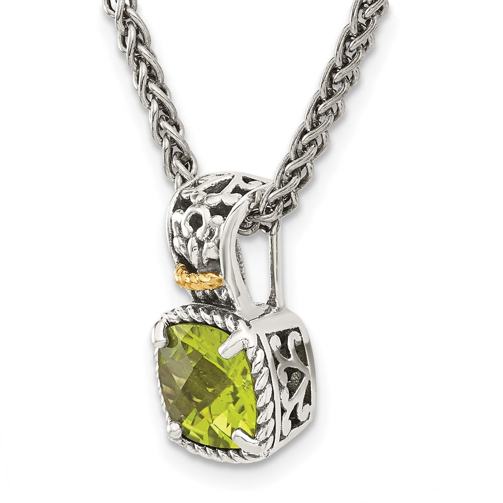 14K/Silver Two Tone Shey Couture Sterling Silver With 14K Accent 18 Inch Antiqued Cushion Peridot Necklace