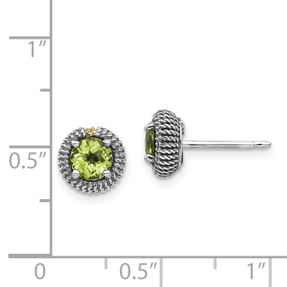 14K/Silver Two Tone Shey Couture Sterling Silver With 14K Accent Antiqued Round Peridot Post Earrings