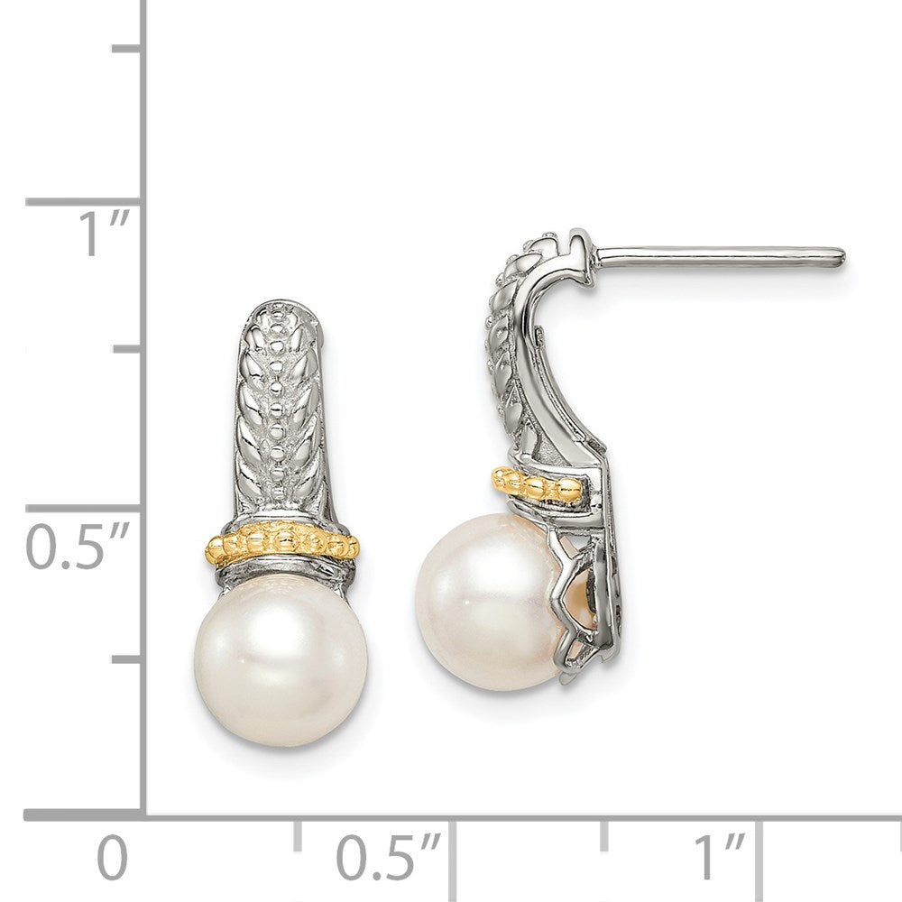 14K/Silver Two Tone Shey Couture Sterling Silver Rhodium Plated With 14K Accent 7 8mm Freshwater Cultured Pearl Post Dangle Earrings