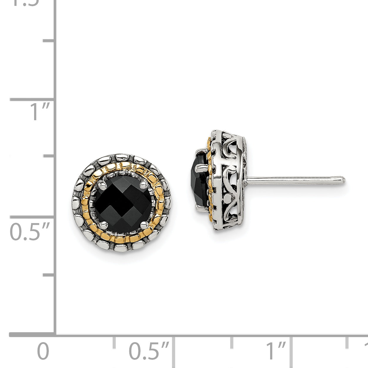 14K/Silver Two Tone Shey Couture Sterling Silver With 14K Accent Antiqued Polished Checkerboard Cut Black Onyx Earrings