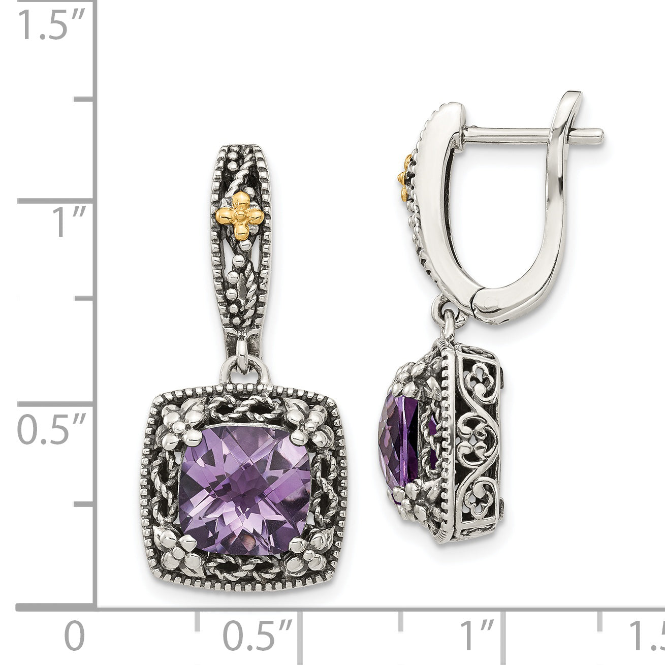 14K/Silver Two Tone Shey Couture Sterling Silver With 14K Accent Antiqued Cushion Amethyst Hinged Hoop Dangle Earrings