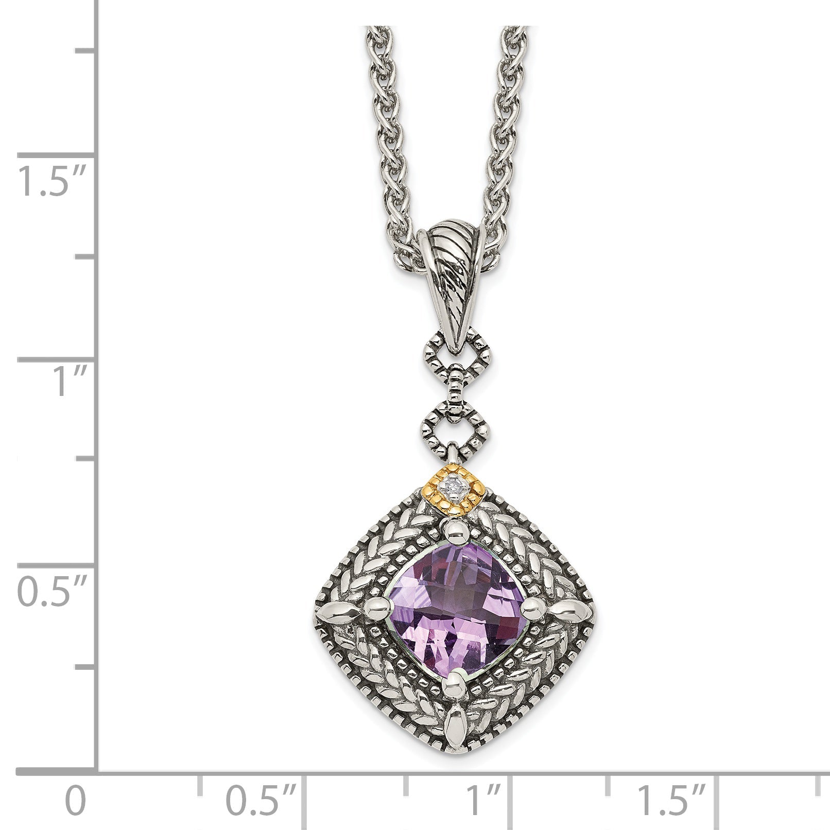 14K/Silver Two Tone Shey Couture Sterling Silver With 14K Accent 18 Inch Antiqued Cushion Amethyst And Diamond Necklace