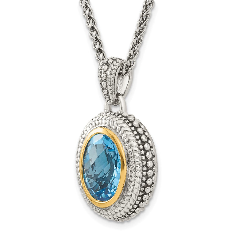 14K/Silver Two Tone Shey Couture Sterling Silver With 14K Accent 18 Inch Antiqued Oval Bezel Light Swiss Blue Topaz Necklace