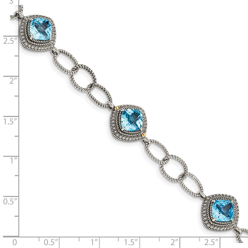 14K/Silver Two Tone Shey Couture Sterling Silver With 14K Accent 7.5 Inch Antiqued Cushion Light Swiss Blue Topaz Bracelet