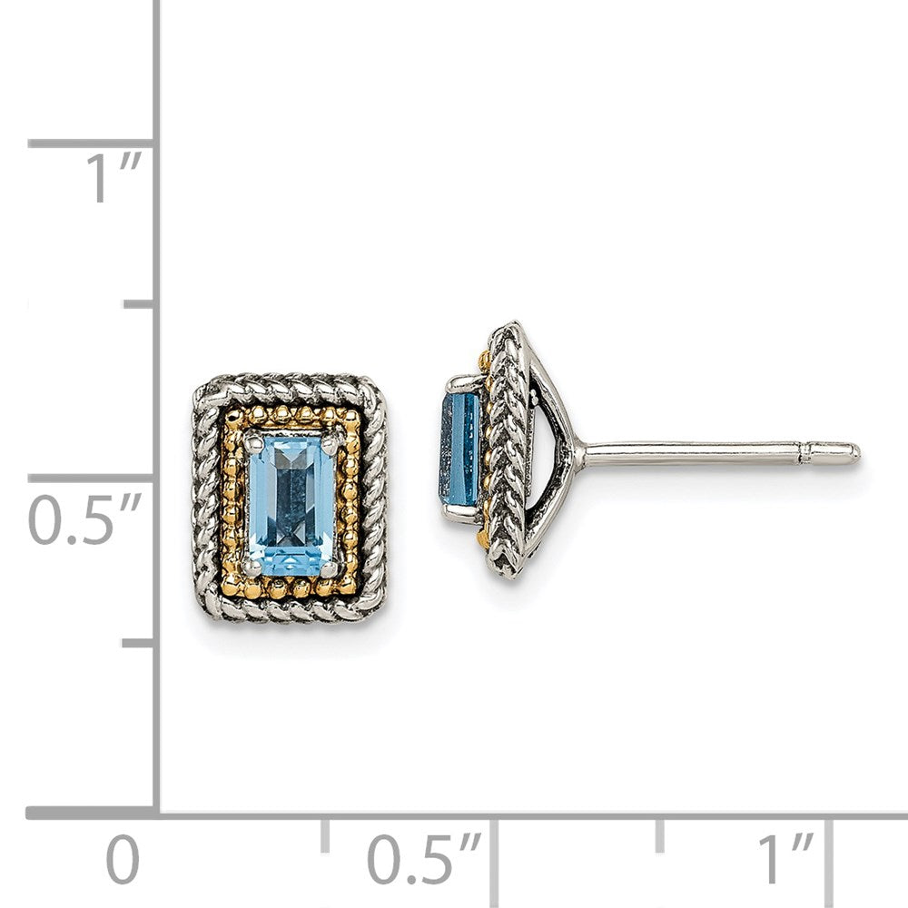 14K/Silver Two Tone Shey Couture Sterling Silver With 14K Accent Antiqued Emerald Cut Blue Topaz Post Earrings