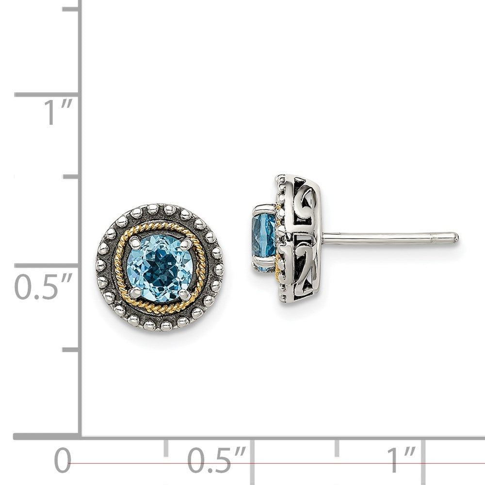 14K/Silver Two Tone Shey Couture Sterling Silver With 14K Accent Antiqued Round Light Swiss Blue Topaz Post Earrings