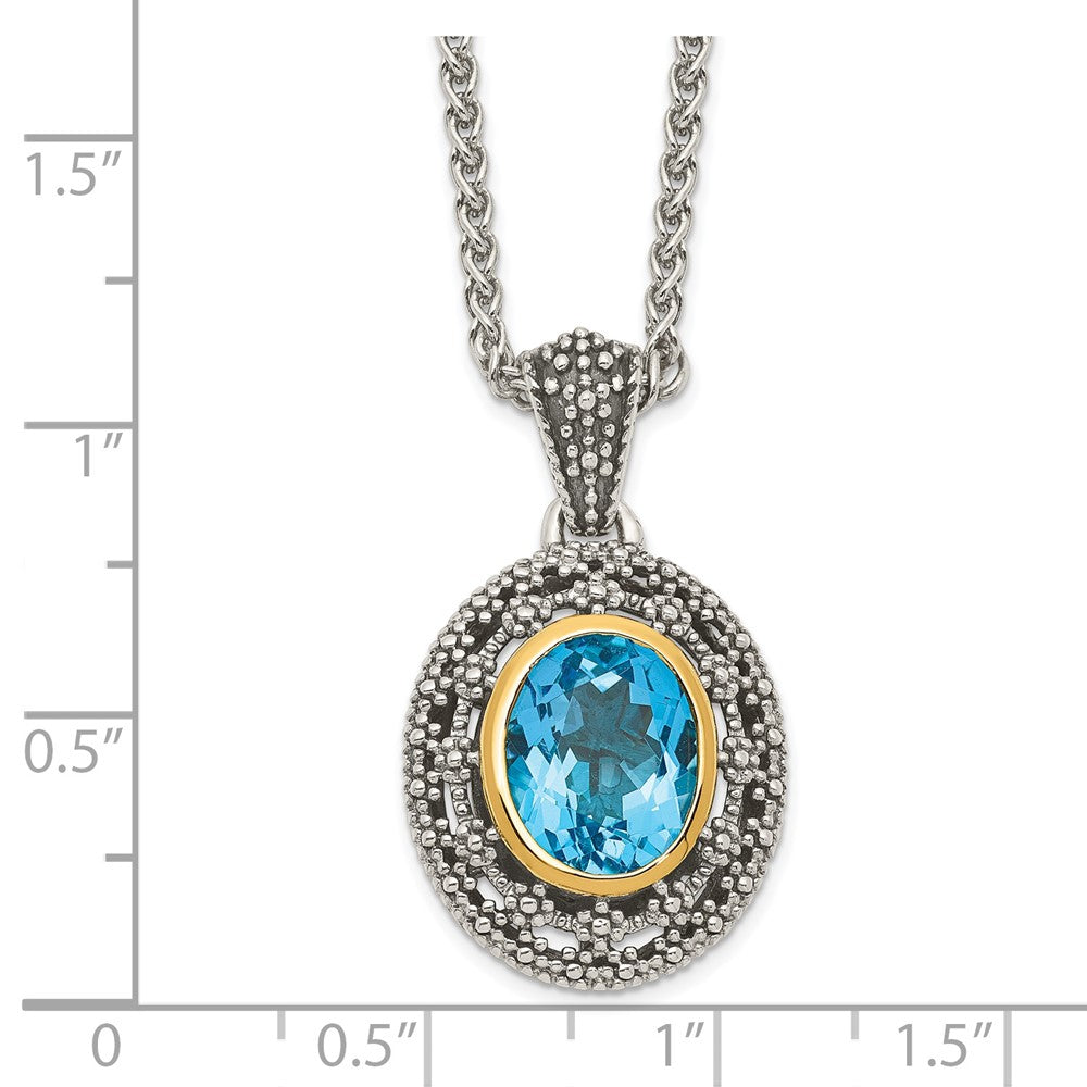 14K/Silver Two Tone Shey Couture Sterling Silver With 14K Accent 18 Inch Antiqued Light Swiss Blue Topaz Oval Necklace