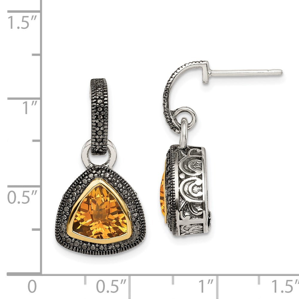 14K/Silver Two Tone Shey Couture Sterling Silver With 14K Accent Antiqued Trillion Bezel Citrine Dangle Earrings