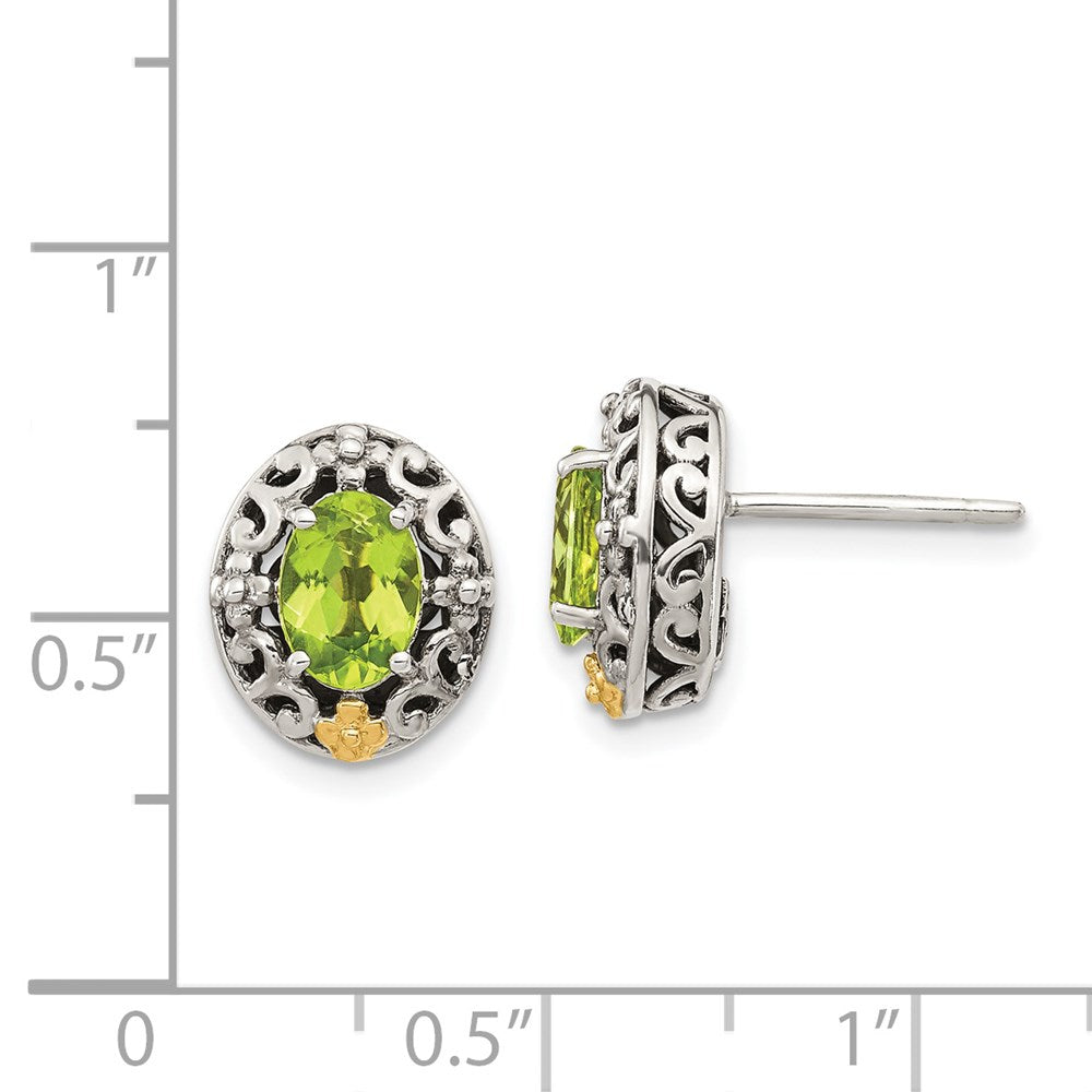 14K/Silver Two Tone Shey Couture Sterling Silver With 14K Accent Antiqued Oval Peridot Post Earrings