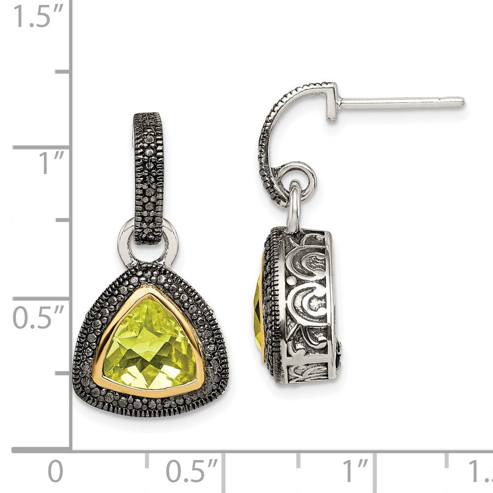 14K/Silver Two Tone Shey Couture Sterling Silver With 14K Accent Antiqued Trillion Bezel Lemon Quartz Dangle Earrings