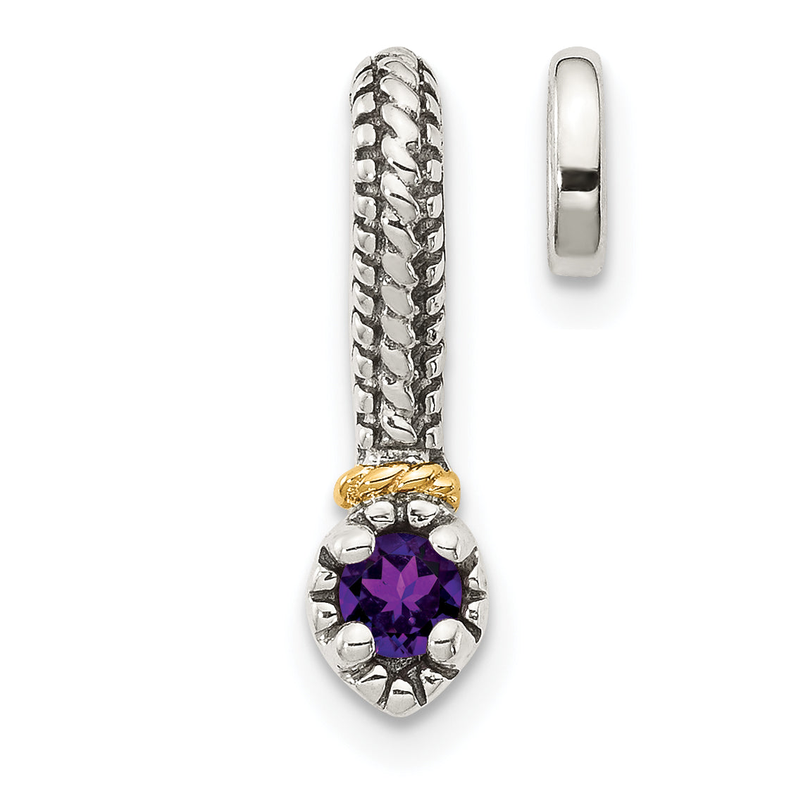 14K/Silver Two Tone Shey Couture Sterling Silver Antiqued With 14K Accent Polished Amethyst Chain Slide Pendant