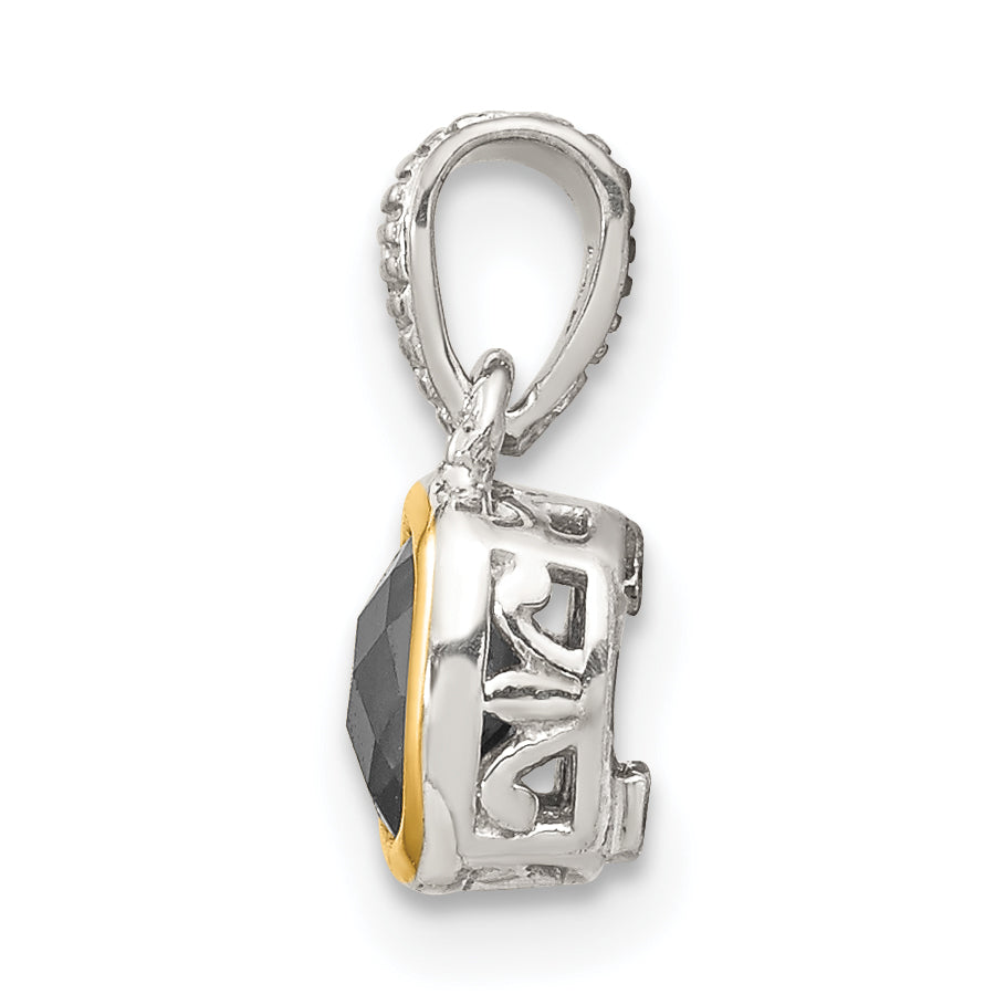 14K/Silver Two Tone Shey Couture Sterling Silver Rhodium Plated With 14K Accent Polished Cushion Cut Created Sapphire Pendant