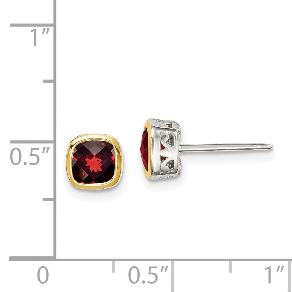 14K/Silver Two Tone Shey Couture Sterling Silver Rhodium Plated With 14K Accent Garnet Square Stud Earrings