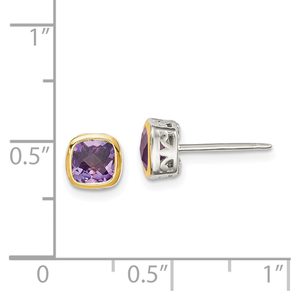 14K/Silver Two Tone Shey Couture Sterling Silver Rhodium Plated With 14K Accent Amethyst Square Stud Earrings