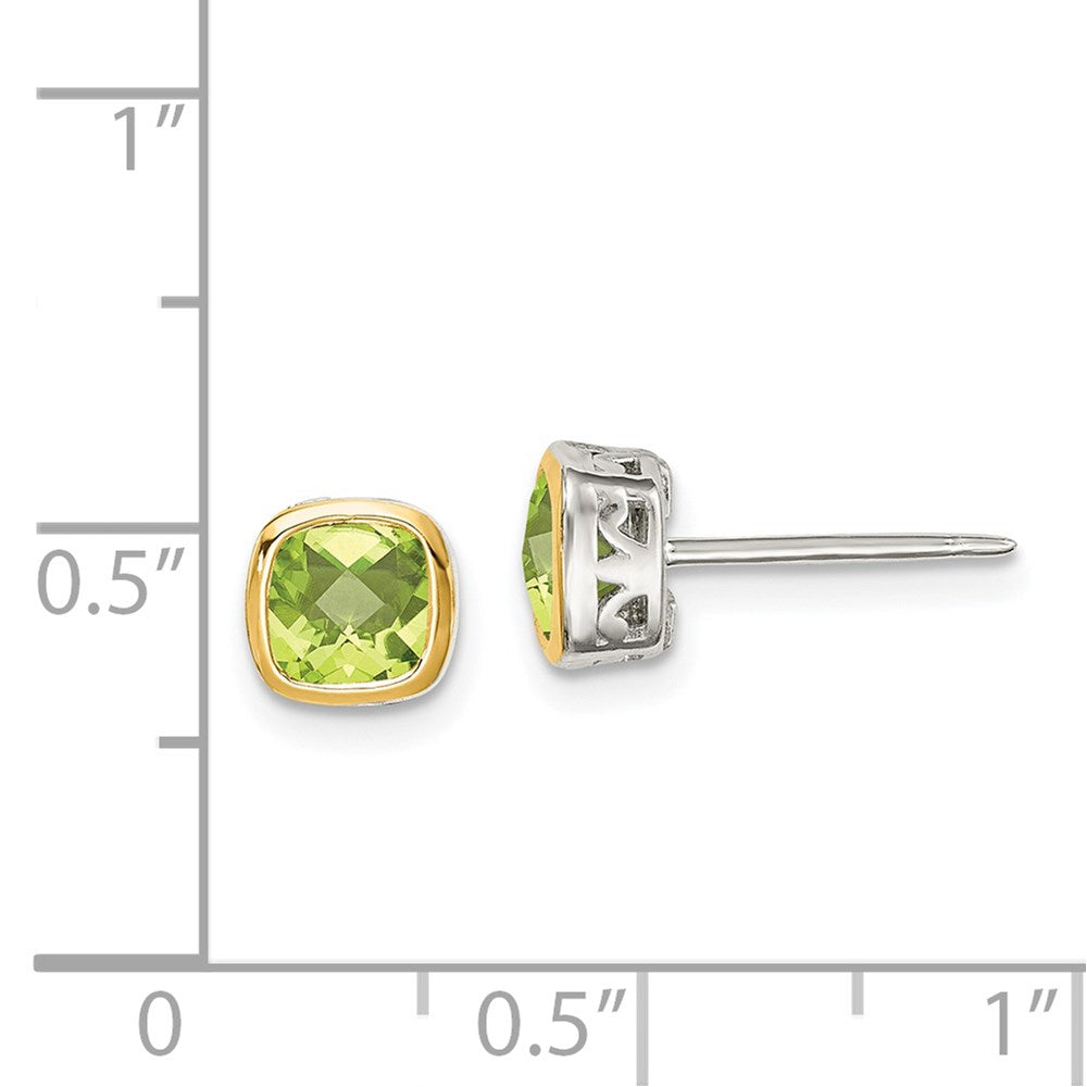 14K/Silver Two Tone Shey Couture Sterling Silver Rhodium Plated With 14K Accent Peridot Square Stud Earrings