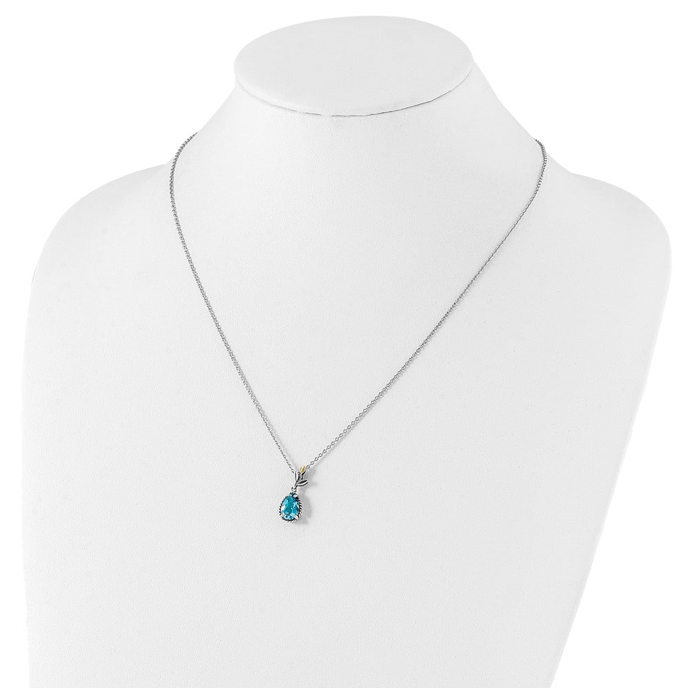 14K/Silver Two Tone Shey Couture Sterling Silver With 14K Accent 18 Inch Leaves Pear Shape Checkerboard Blue Topaz Necklace 2 Extender