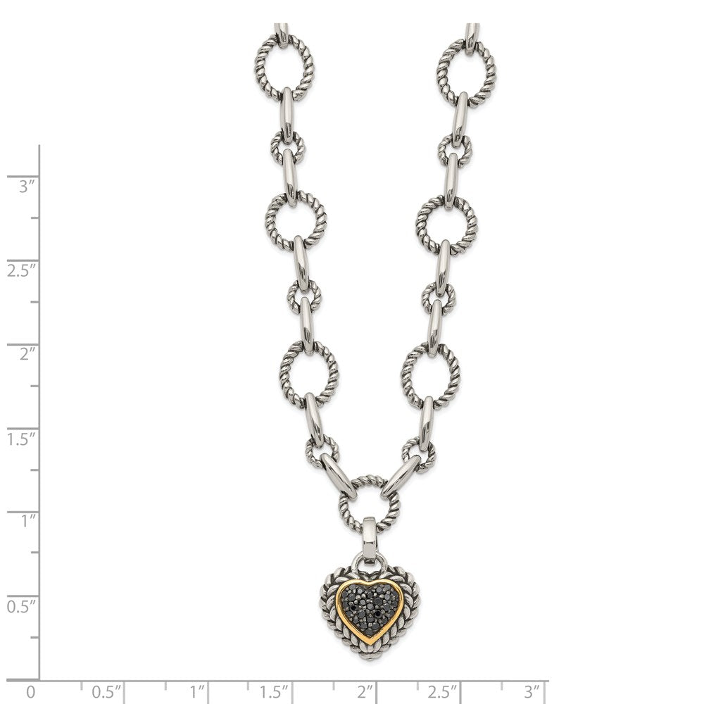 14K/Silver Two Tone Shey Couture Sterling Silver With 14K Accent 17 Inch Antiqued Black Diamond Heart Drop Necklace