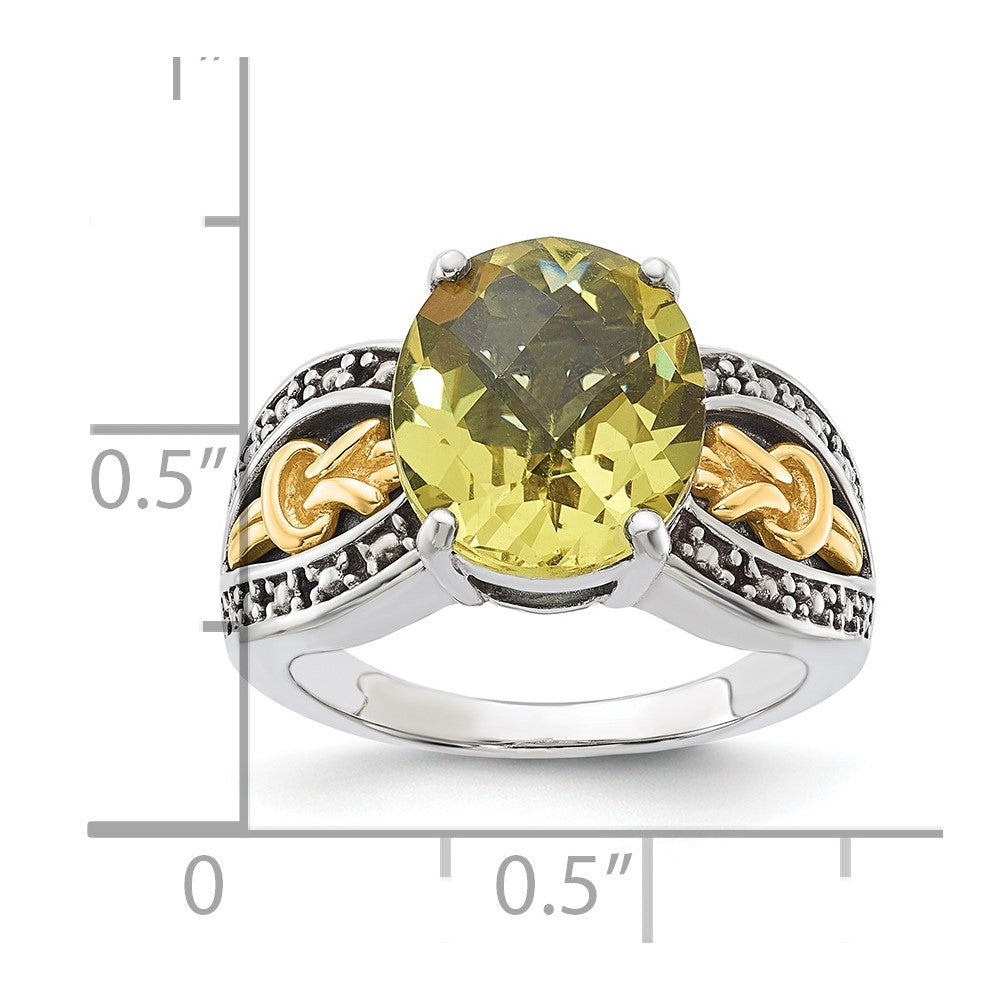 14K/Silver Two Tone Sterling Silver W/ 14K Accent Antiqued Oval Lemon Quartz Ring