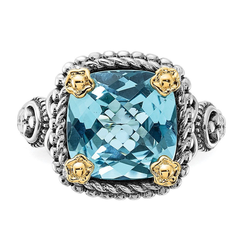 14K/Silver Two Tone Sterling Silver 14K Accent Polished & Antiqued Swiss Blue Topaz Ring