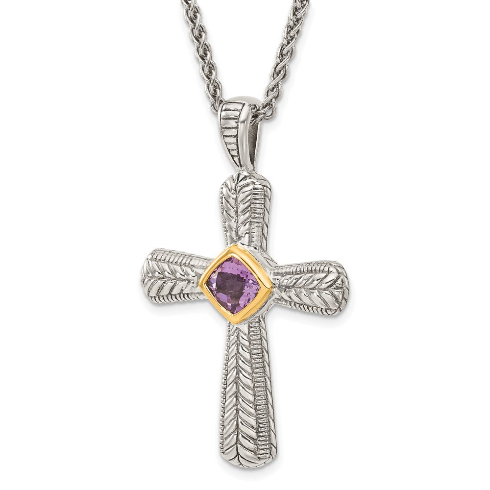 14K/Silver Two Tone Shey Couture Sterling Silver With 14K Accent 18 Inch Antiqued Cushion Bezel Amethyst Cross Necklace