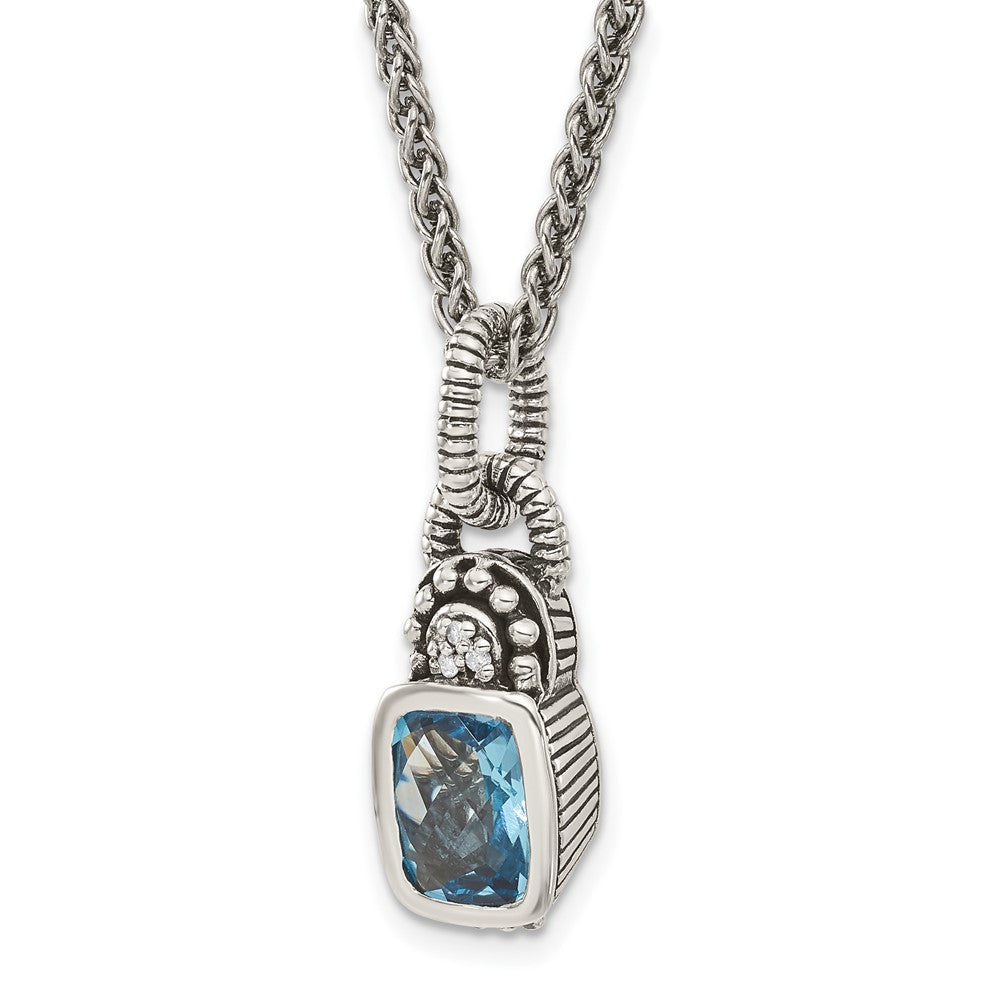 Sterling Silver Shey Couture 18 Inch Antiqued Cushion Bezel Sky Blue Topaz And Diamond Necklace