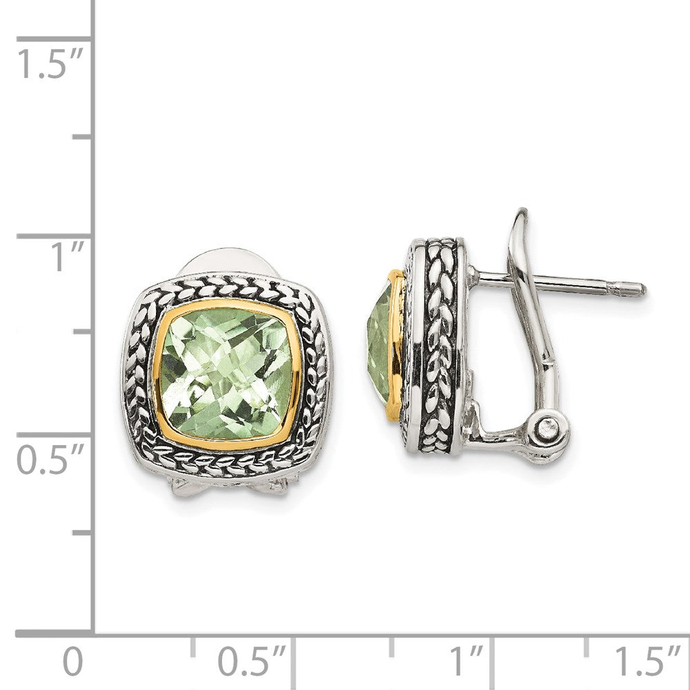 14K/Silver Two Tone Shey Couture Sterling Silver With 14K Accent Antiqued Cushion Bezel Green Quartz Omega Back Earrings