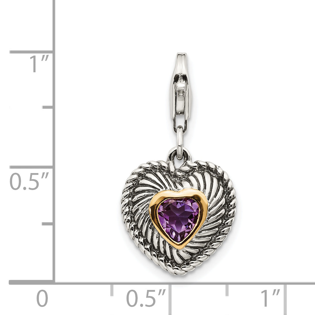 14K/Silver Two Tone Shey Couture Sterling Silver With 14K Accent Antiqued Amethyst Heart Lobster Clasp Charm